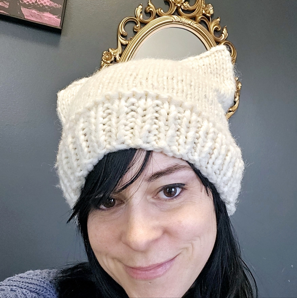 Hand knitted cat ear beanie hat 🤍